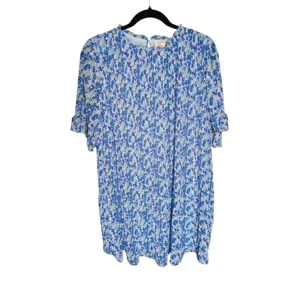 MELLODAY Plisse Short Sleeve Mini Ruffle Neck Dress In Blue Multi